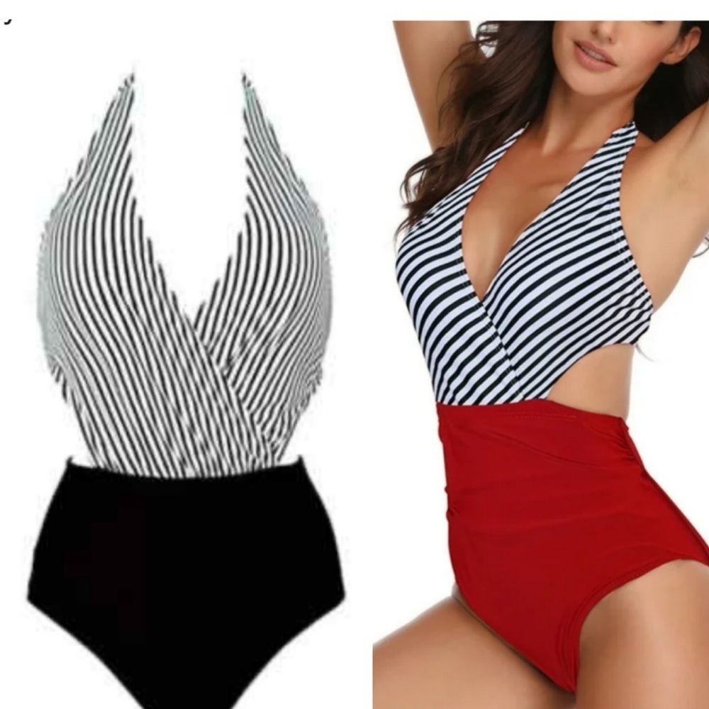 * COCOSHIP One Piece Swimsuit Striped Wrap Top Size 10 Black White